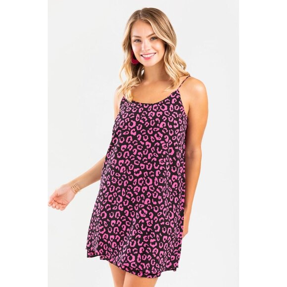 Pink & Black Leopard Print Sleeveless Swing Dress With Adjustable Straps NEW S - Picture 9 of 9